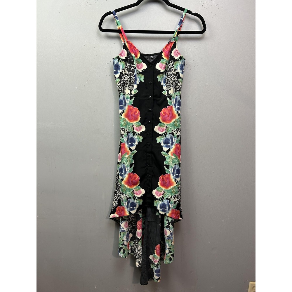 Guess Dress Womens XS Black Floral Hi-Low Spaghetti Strap Button Front Smocked‎